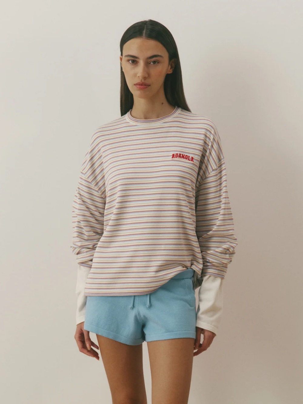 Adanola Multicolor Striped Long Sleeve Tee with Red Logo